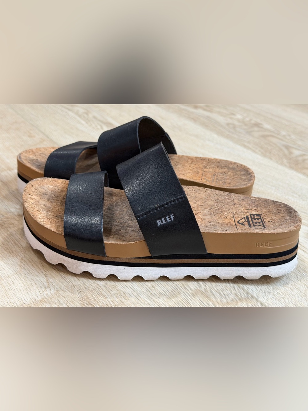 REEF Cushion Vista Hi Women's Size 6 Black Platform Slide Sandals Cork